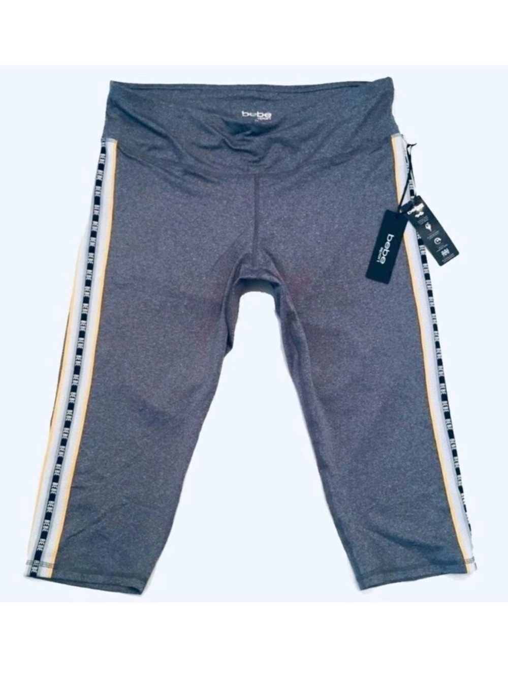 NWT BEBE SPORT 2X Gorgeous Cropped Crop Gray Yellow White Leggings Logo Pants